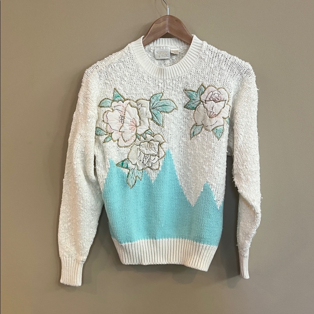 Needles & Yarn Vintage Floral Embroidered White and Blue Sweater with Pearls